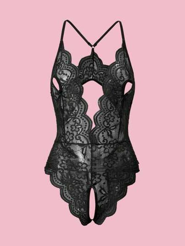 Flattering lace bodysuit, romantic sheer lingerie, feminine nightwear, bold and elegant look, scalloped edge detail, soft breathable lace, perfect for special nights, adjustable fit, TikTok trending sleepwear for confident women.