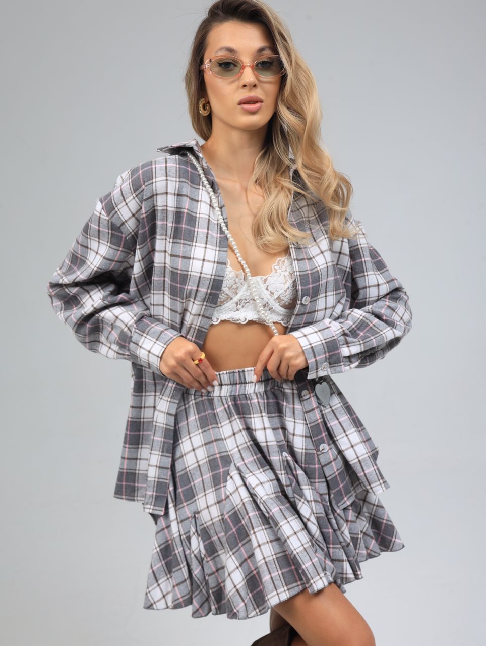 Women's  Plaid print Shirt  and  hight waisted Skirt casual loose drop shoulder longsleeve collared outwear for daily wear,  autumn fashion Women's warm jacket for women, Women's clothing, holiday tops, blouse top spring, comfort girls shirt