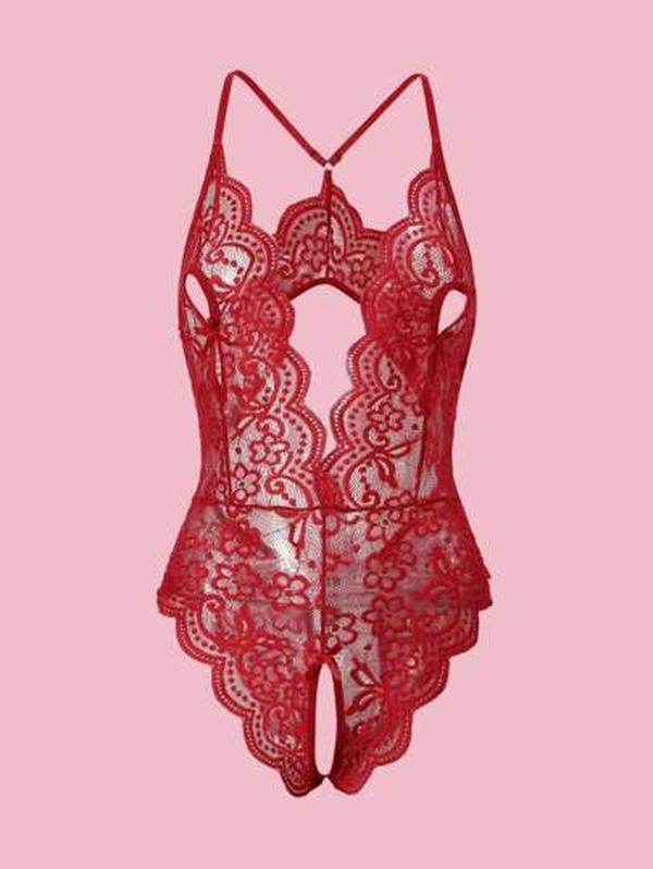 Flattering lace bodysuit, romantic sheer lingerie, feminine nightwear, bold and elegant look, scalloped edge detail, soft breathable lace, perfect for special nights, adjustable fit, TikTok trending sleepwear for confident women.