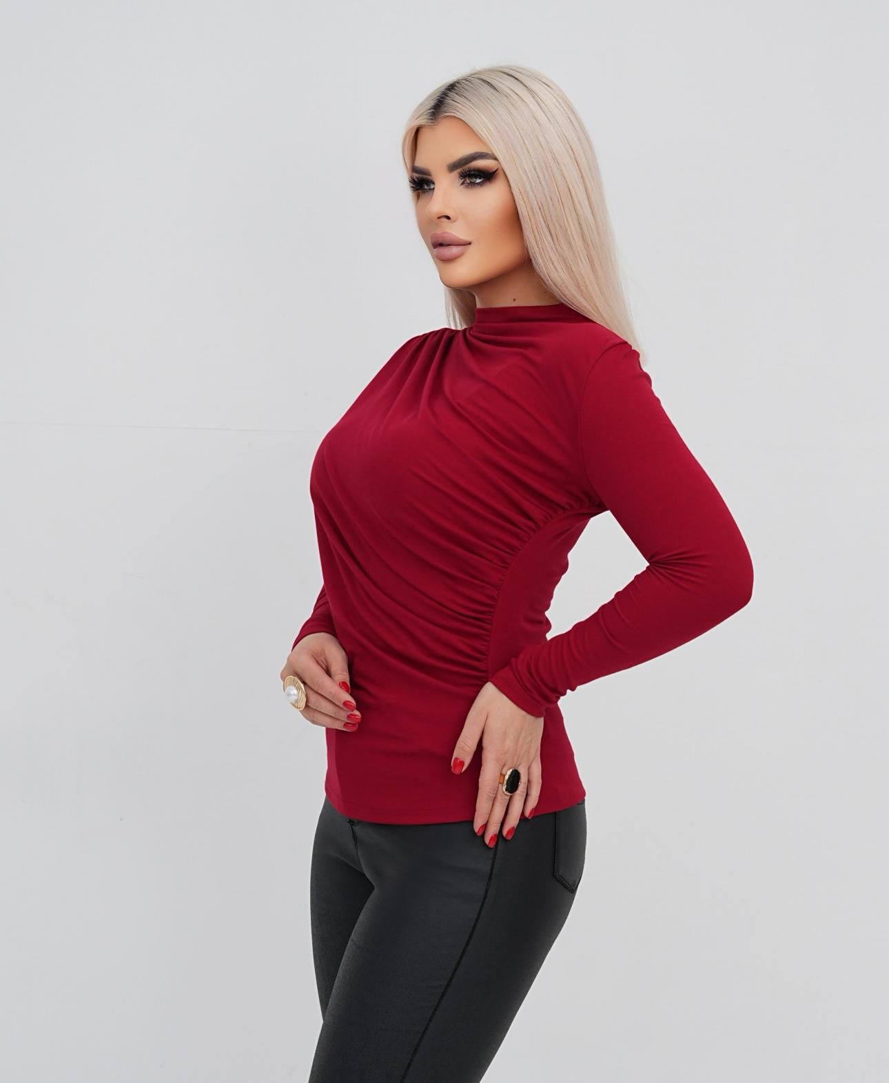 Slimming Ruched Long Sleeve Top for Women – Flattering High Neck, Stretchy Fit, Belly-Hiding Blouse, TikTok Trending Chic Style