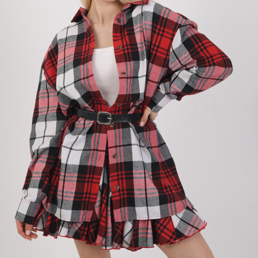 Women's  Plaid print Shirt  and  hight waisted Skirt casual loose drop shoulder longsleeve collared outwear for daily wear,  autumn fashion Women's warm jacket for women, Women's clothing, holiday tops, blouse top spring, comfort girls shirt