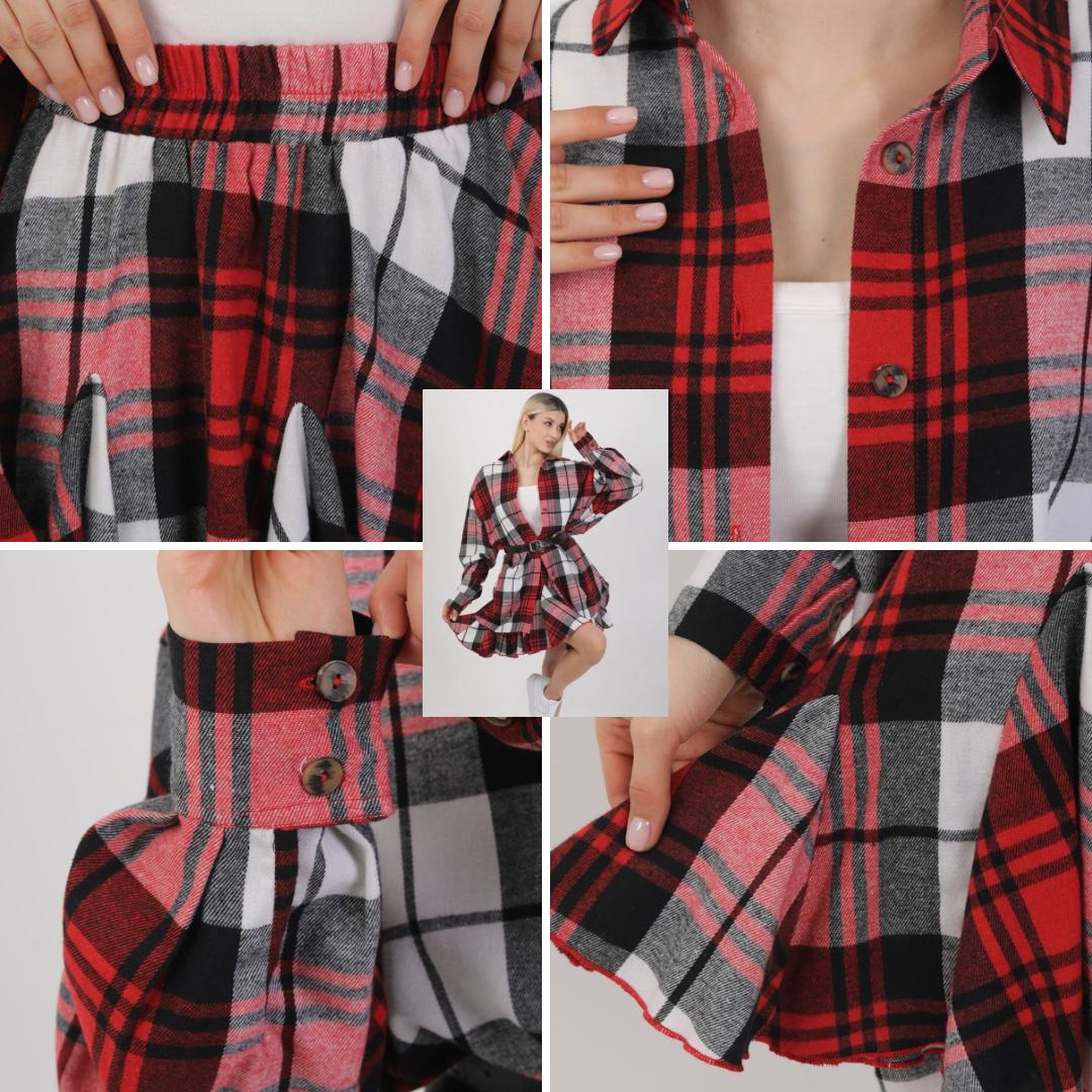 Women's  Plaid print Shirt  and  hight waisted Skirt casual loose drop shoulder longsleeve collared outwear for daily wear,  autumn fashion Women's warm jacket for women, Women's clothing, holiday tops, blouse top spring, comfort girls shirt