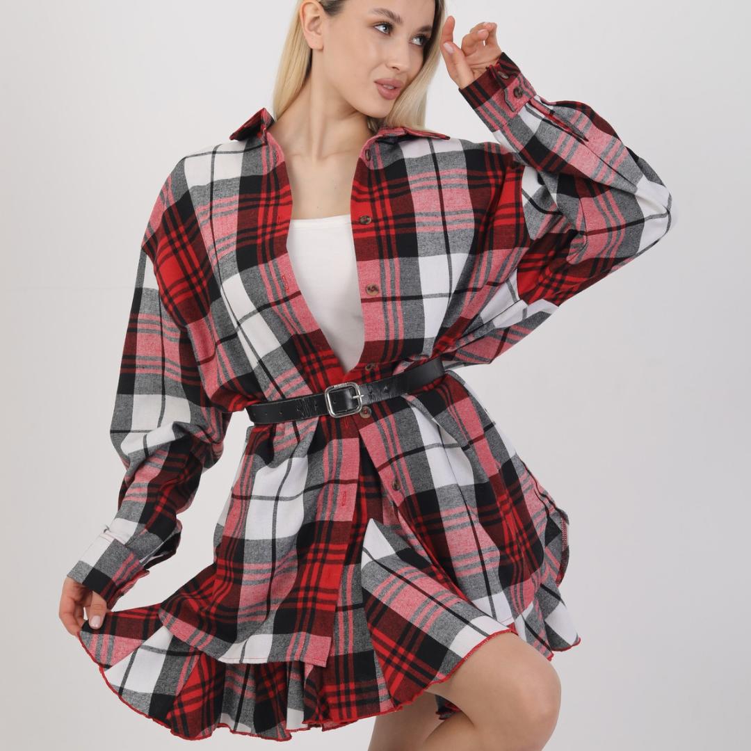 Women's  Plaid print Shirt  and  hight waisted Skirt casual loose drop shoulder longsleeve collared outwear for daily wear,  autumn fashion Women's warm jacket for women, Women's clothing, holiday tops, blouse top spring, comfort girls shirt