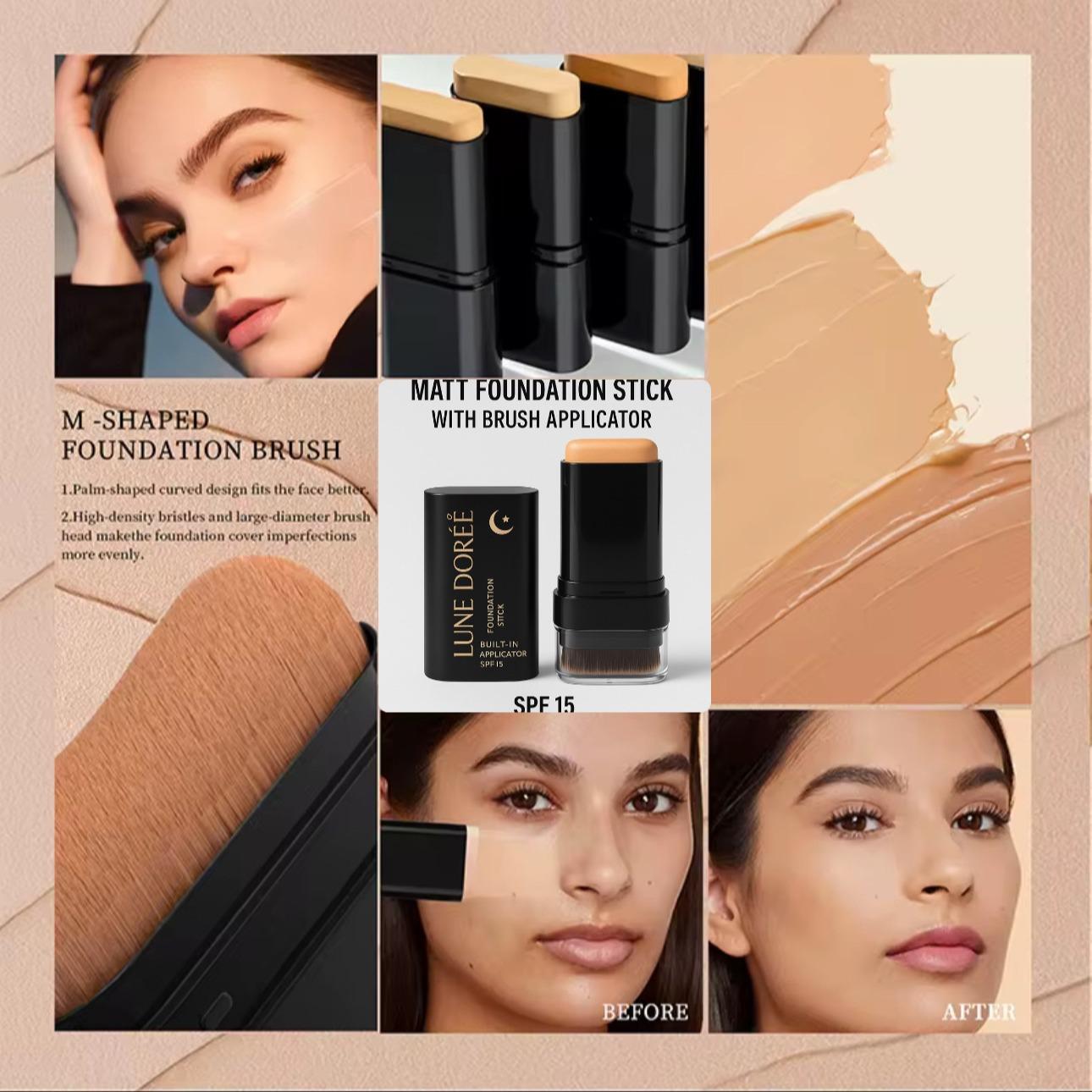 Matte Foundation Stick with SPF15 & Built-In Brush – Color-Changing Cushion Makeup,Tinted Moisturizing Cream for Flawless Light Coverage
