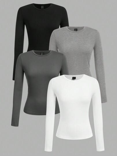 3-Pack Women’s Slim Fit Long Sleeve Tops – Soft Stretchy Cotton, Everyday Essential Tees, UK Trending Style