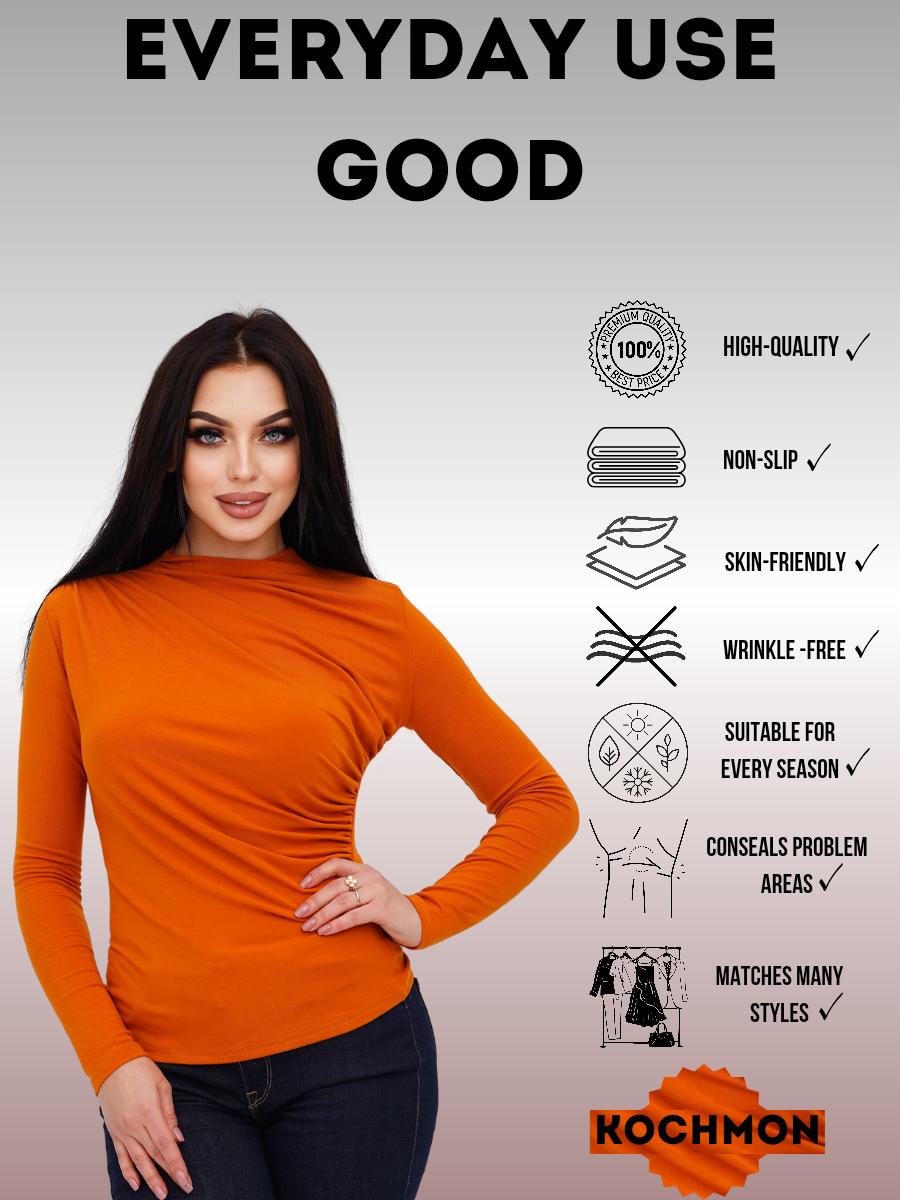 Slimming Ruched Long Sleeve Top for Women – Flattering High Neck, Stretchy Fit, Belly-Hiding Blouse, TikTok Trending Chic Style