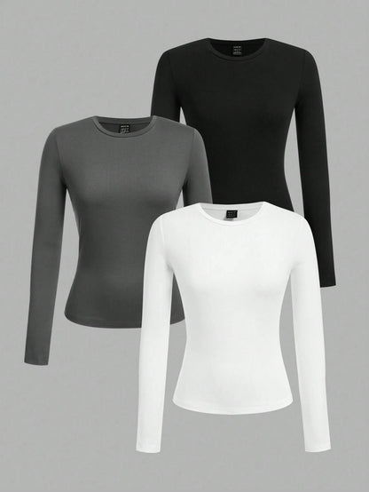 3-Pack Women’s Slim Fit Long Sleeve Tops – Soft Stretchy Cotton, Everyday Essential Tees, UK Trending Style