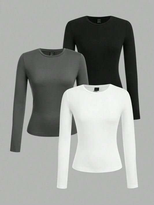 3-Pack Women’s Slim Fit Long Sleeve Tops – Soft Stretchy Cotton, Everyday Essential Tees, UK Trending Style